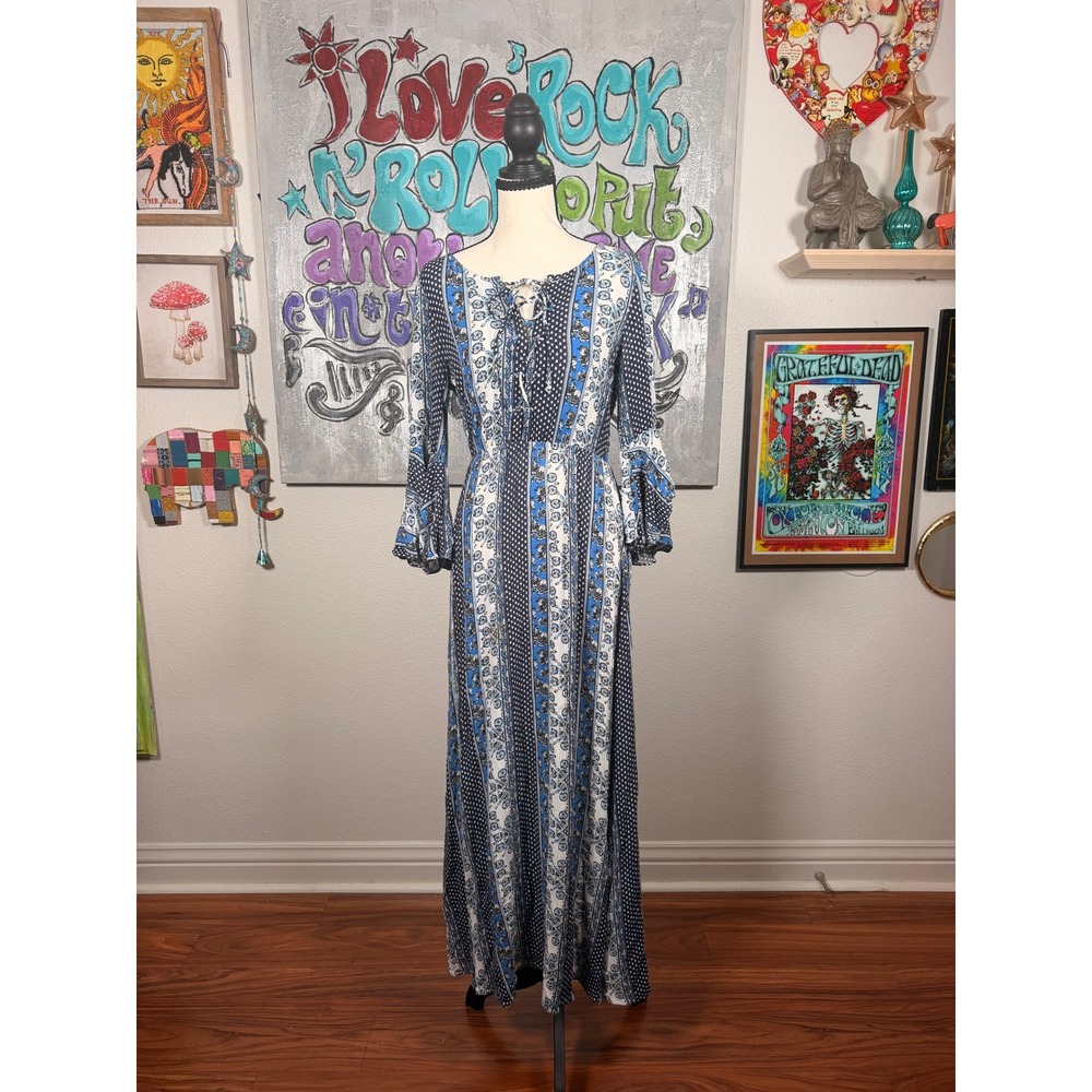 Bohemian Maxi Dress 70s Vibe H&M Blue White Paisley Lace Up Back Size S/M